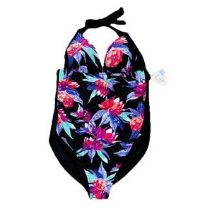 St John Bay Women’s Black Floral‎ Swim SUIT Bathing 1PC RUCHED Padded 16 NEW